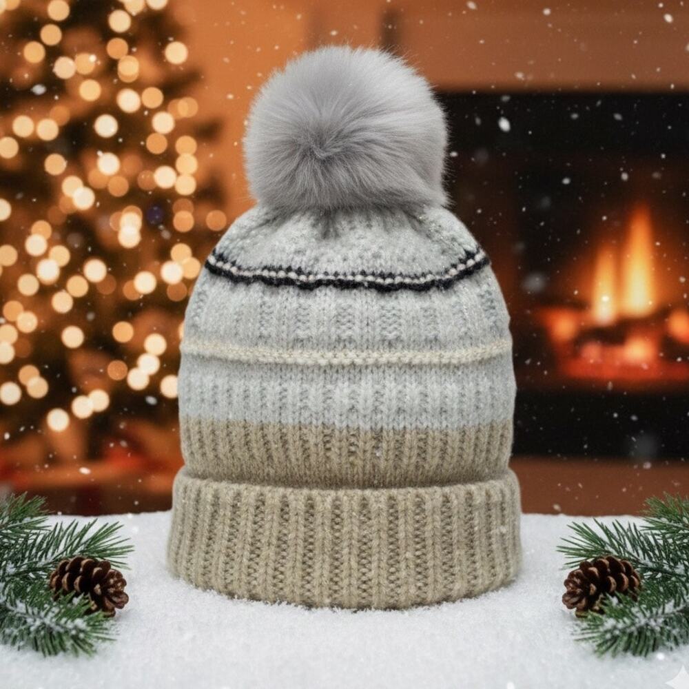 Gap Chunky Knit Beanie Hat Gold Sparkle Wool Blend Grey Faux Fur Pom Tan White
